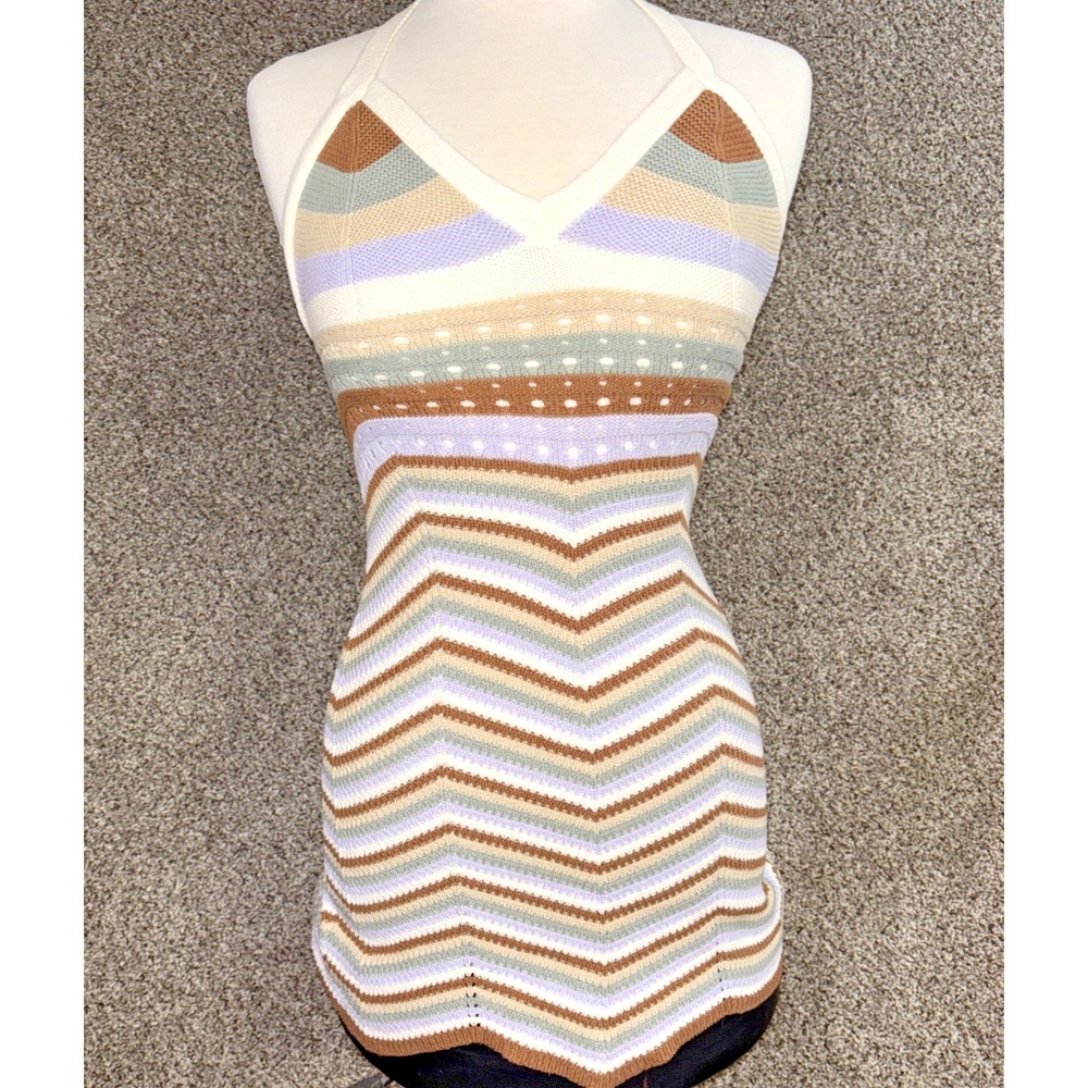 NEW Pink Rose Crochet Dress Chevron Striped Halter Top Size Small Ivory Combo